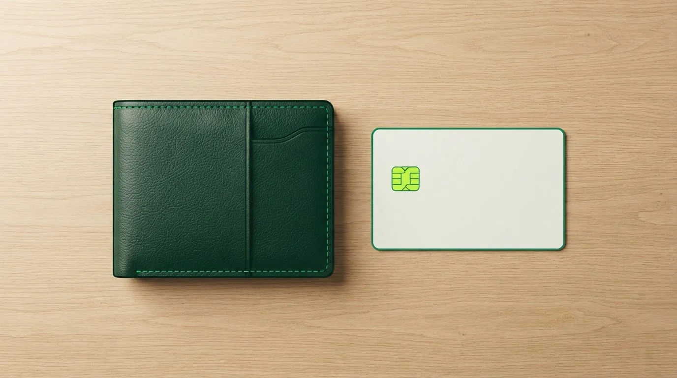 Lederne Geldbörse neben einer schlichten Bankkarte auf einem Tisch
