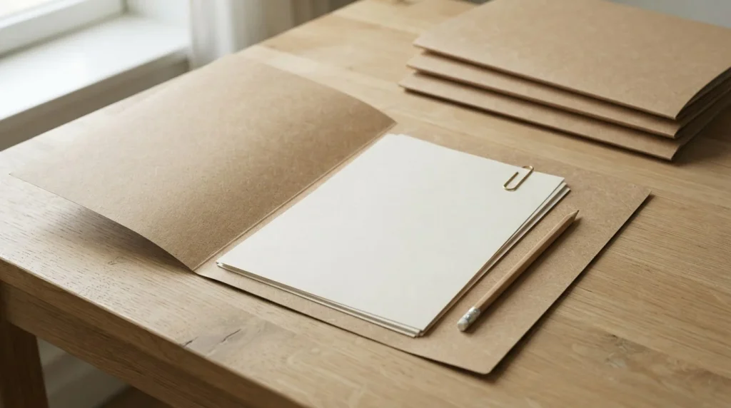 Geöffnete Dokumentenmappe neben Stift und Notizblatt auf einem Holztisch