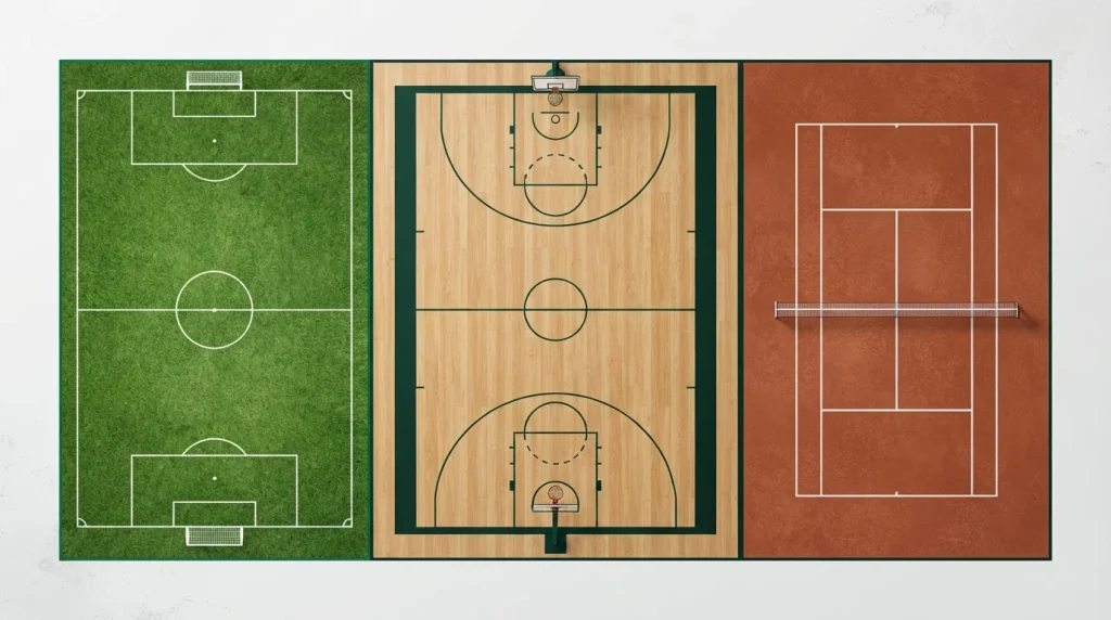 Fußballplatz, Basketballfeld und Tennisplatz aus der Vogelperspektive