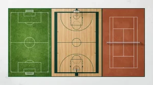 Fußballplatz, Basketballfeld und Tennisplatz aus der Vogelperspektive
