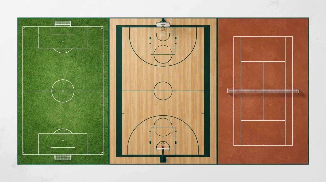 Fußballplatz, Basketballfeld und Tennisplatz aus der Vogelperspektive