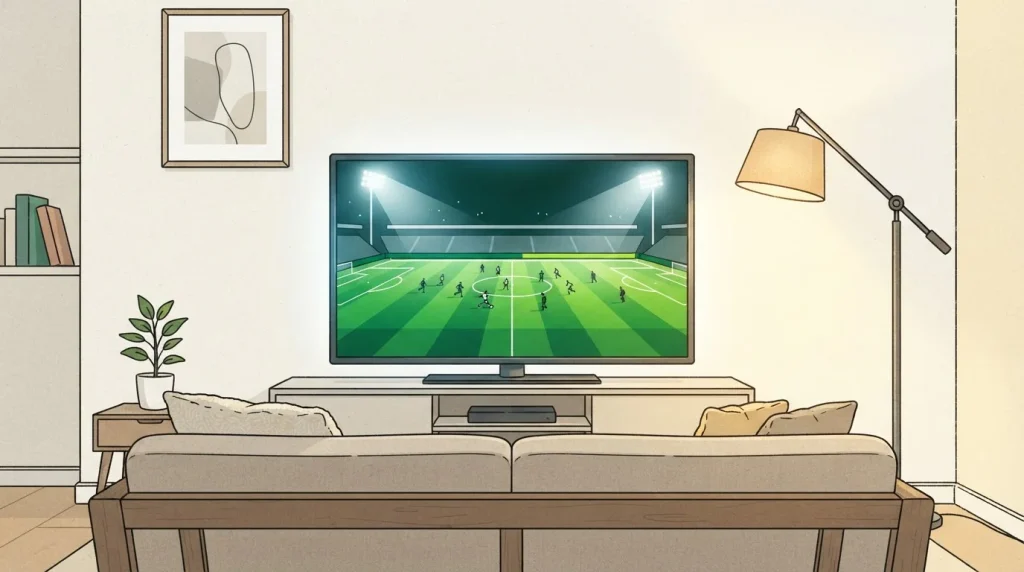 Fernsehgerät mit einem beleuchteten Sportfeld und Sofa im Wohnzimmer