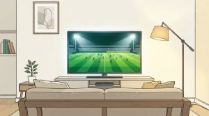Fernsehgerät mit einem beleuchteten Sportfeld und Sofa im Wohnzimmer